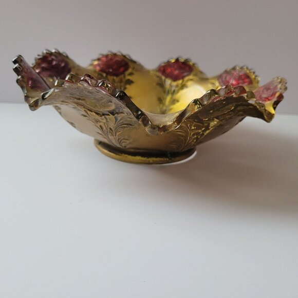 Elegant Vintage Embossed Glass Bowl With Red Roses & Scalloped Edge - Picture 6 of 11